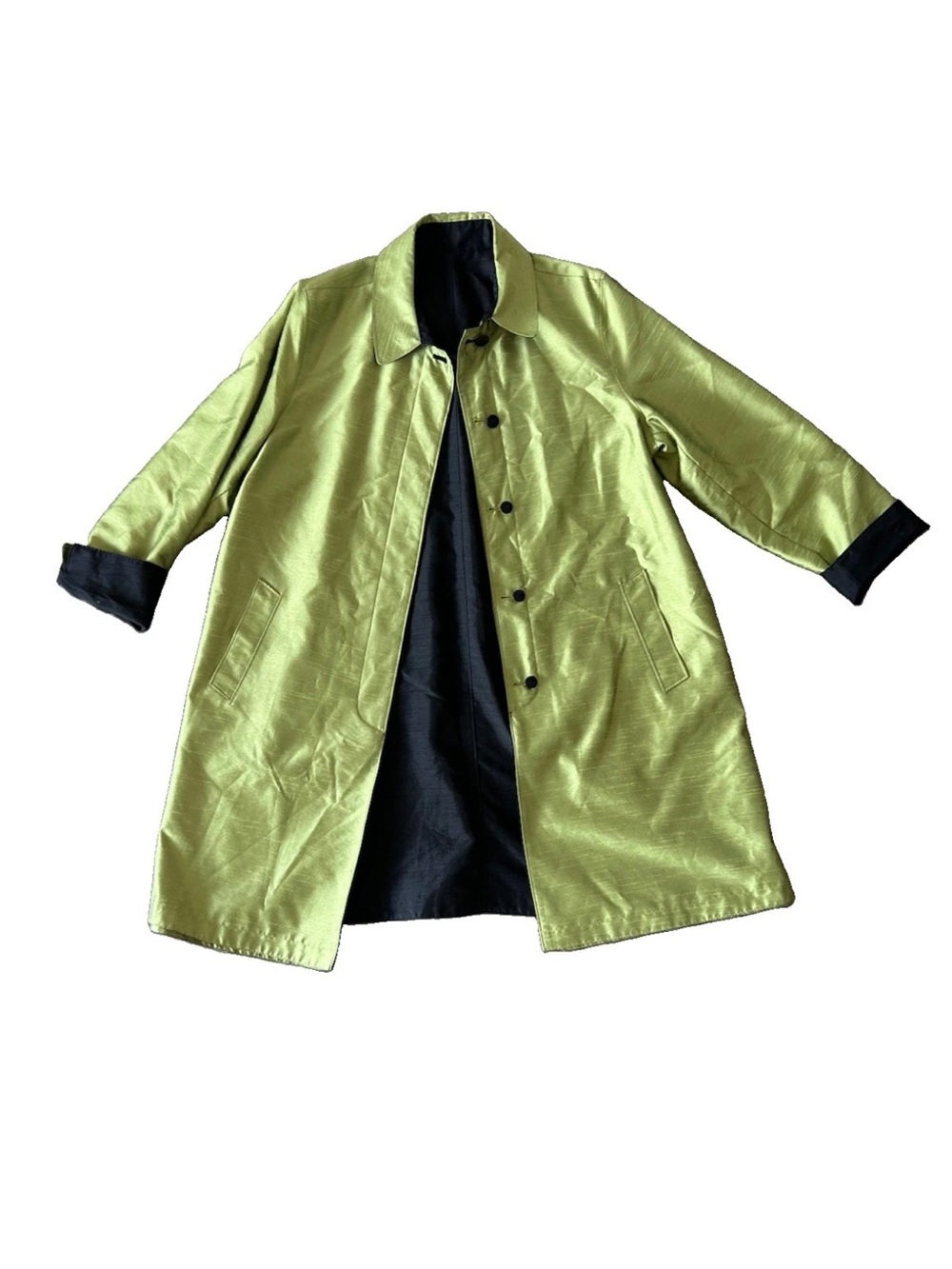 Mycra Pac Donatella Reversible Raincoat M Lime Green Black Long Coat USA Made